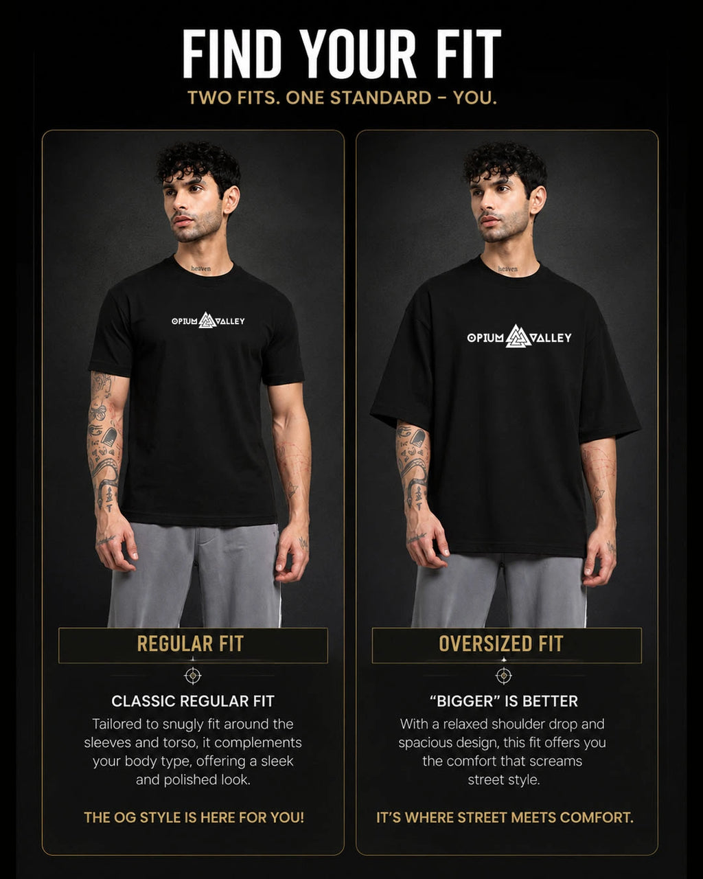 opiumvalley Regular Fit vs Oversized Fit black T-shirt size guide featuring the same male model wearing a classic regular fit and relaxed oversized fit cotton T-shirt, helping shoppers compare streetwear fits before buying