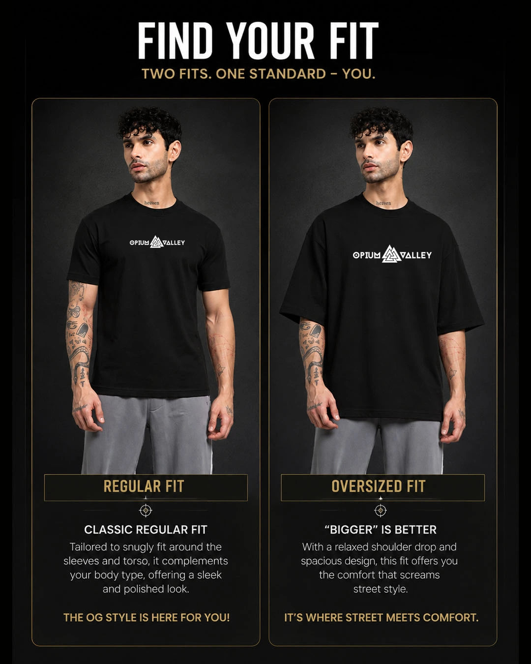 opiumvalley Regular Fit vs Oversized Fit black T-shirt size guide featuring the same male model wearing a classic regular fit and relaxed oversized fit cotton T-shirt, helping shoppers compare streetwear fits before buying