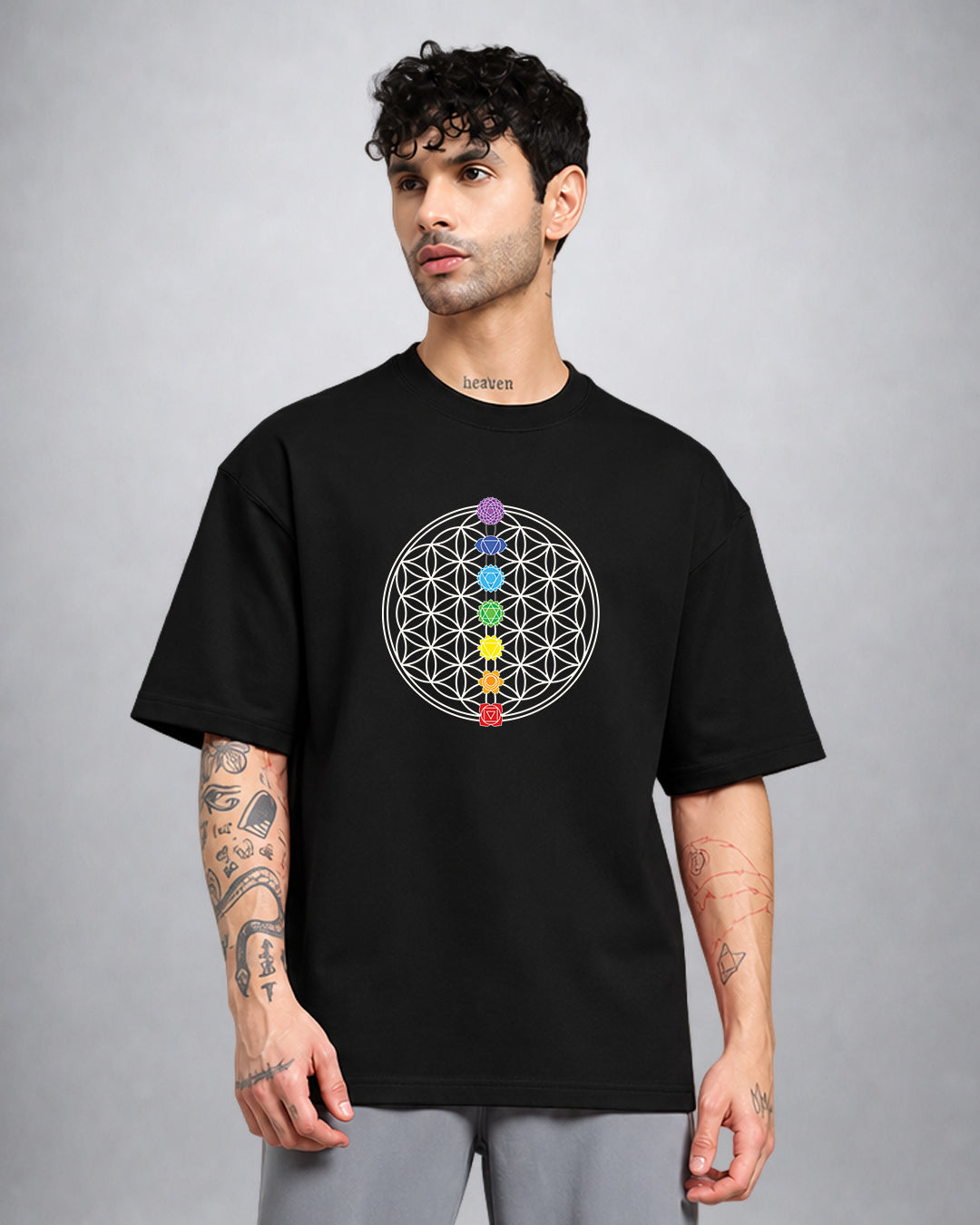 Seven Chakras psychedelic T-shirt oversized fit with mystical chakra graphic by Opium Valley