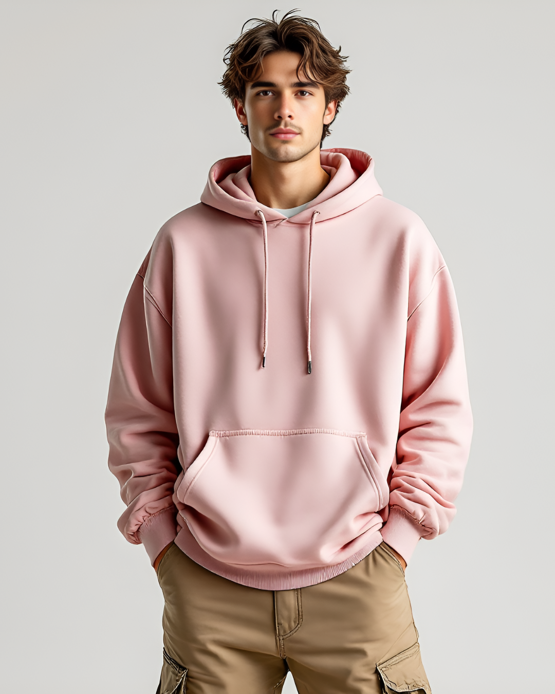 Pink oversized hoodie with high neck and full sleeves, made from 400 GSM heavyweight fabric