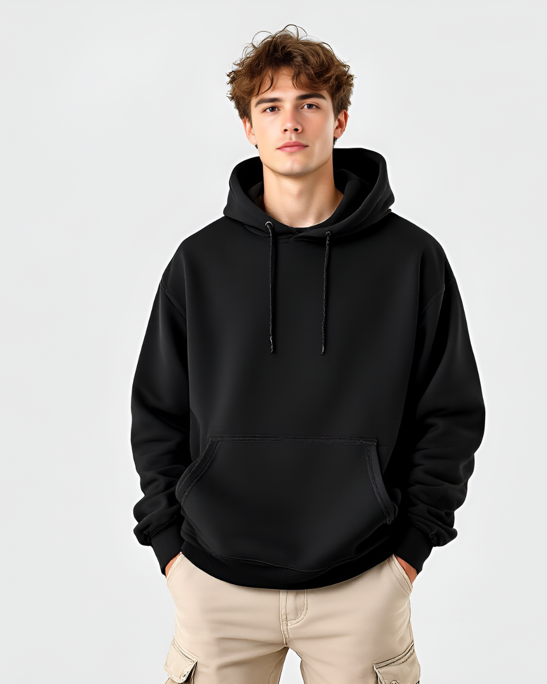 Sleek black oversized hoodie with full sleeves and high neck, made from premium 400 GSM heavyweight cotton blend for ultimate comfort and style.